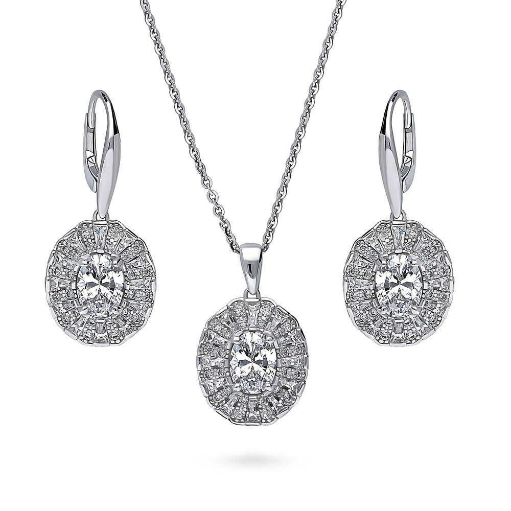 Halo Art Deco Oval CZ Necklace and Earrings Set in Sterling Silver, 1 of 9