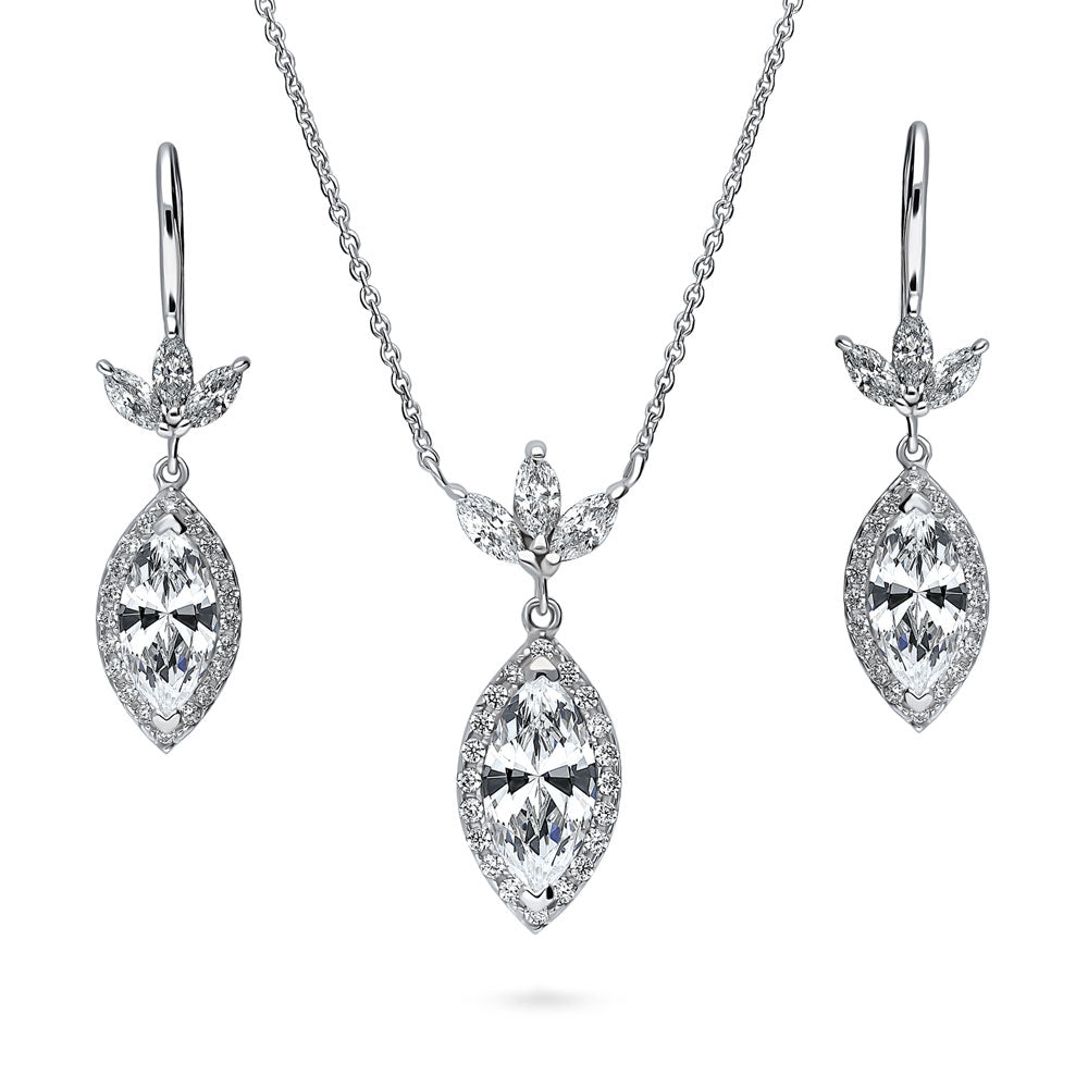 Flower Halo CZ Necklace and Earrings Set in Sterling Silver