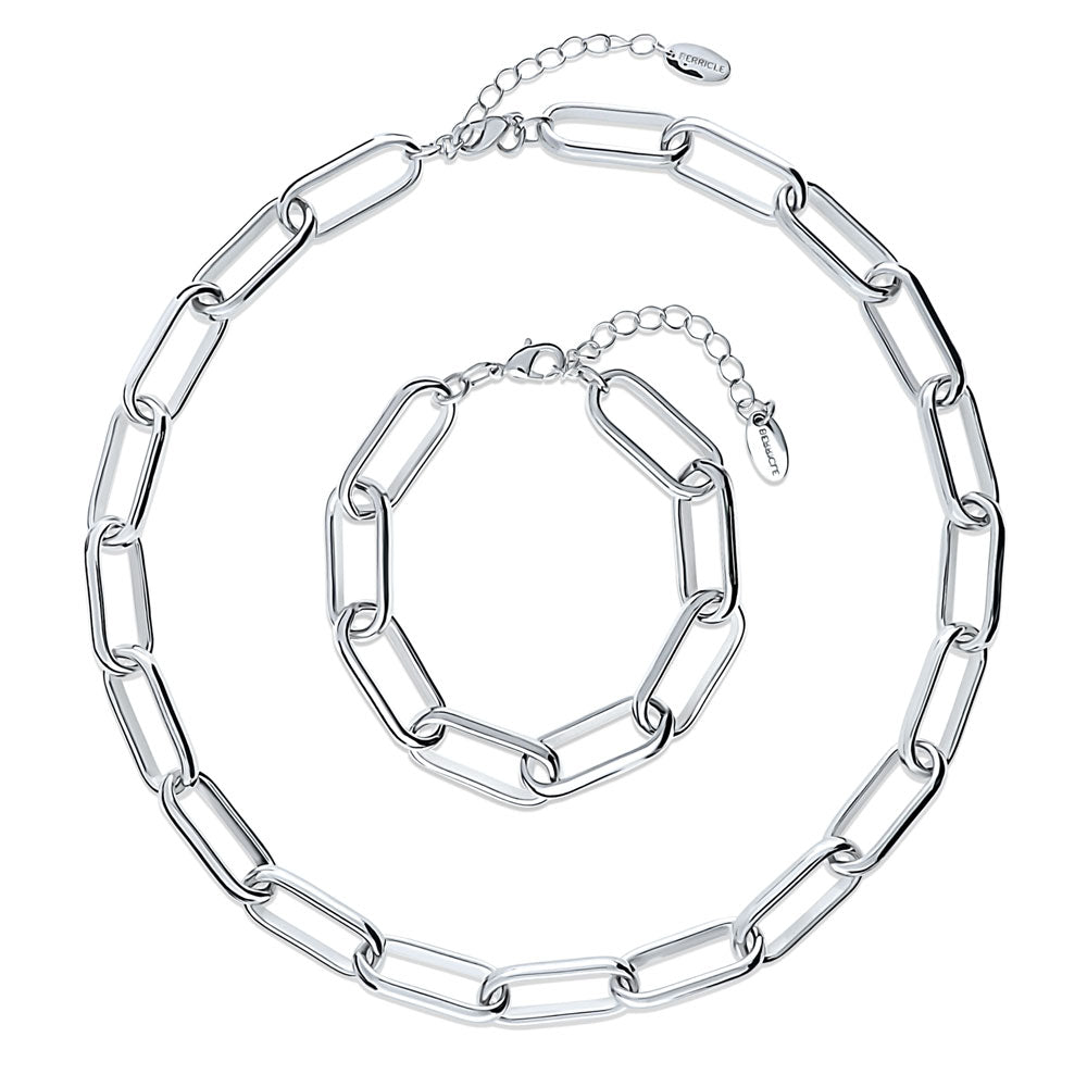 Paperclip Statement Bracelet and Necklace Set in Silver-Tone, 2 Piece
