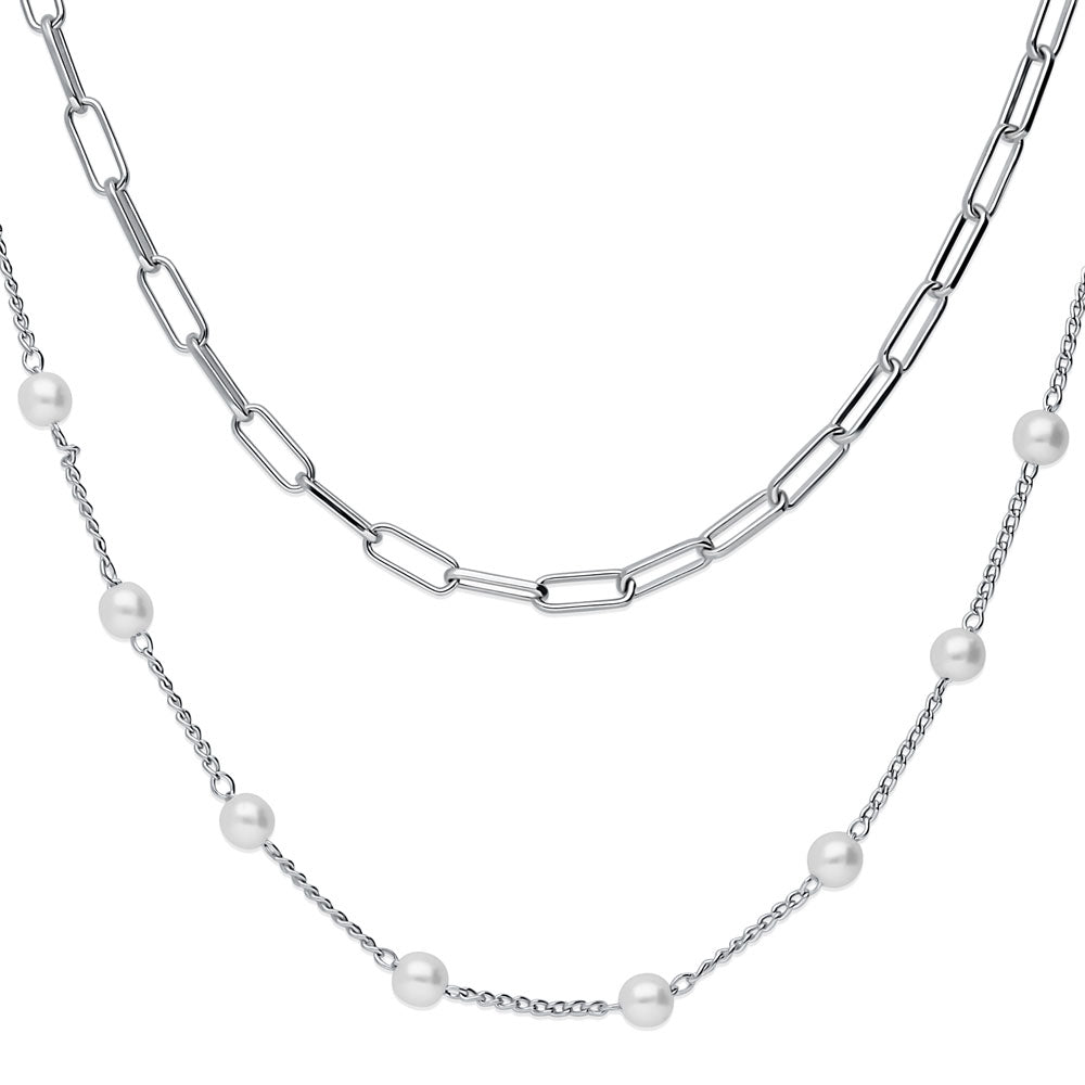 Paperclip Imitation Pearl Chain Necklace in Silver-Tone, 2 Piece