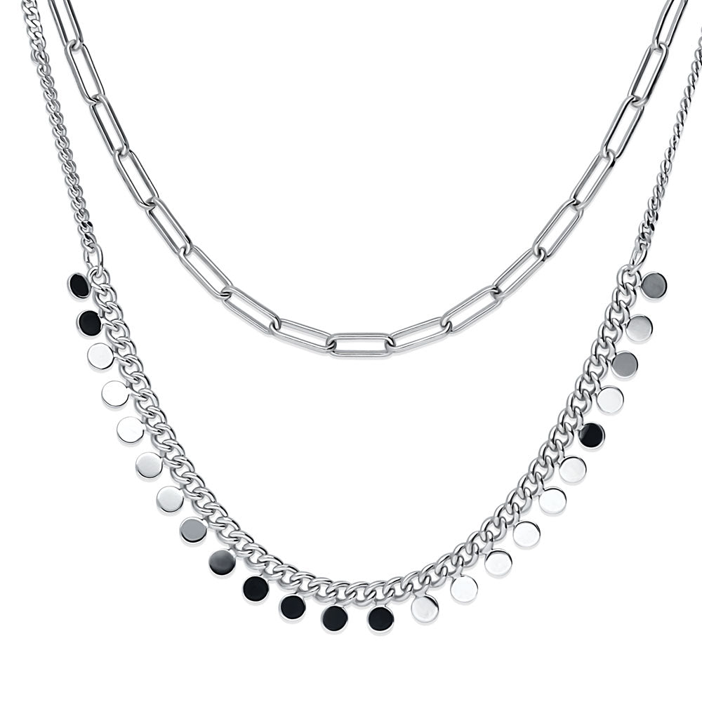 Front view of Paperclip Disc Chain Necklace in Silver-Tone, 2 Piece, 4 of 14