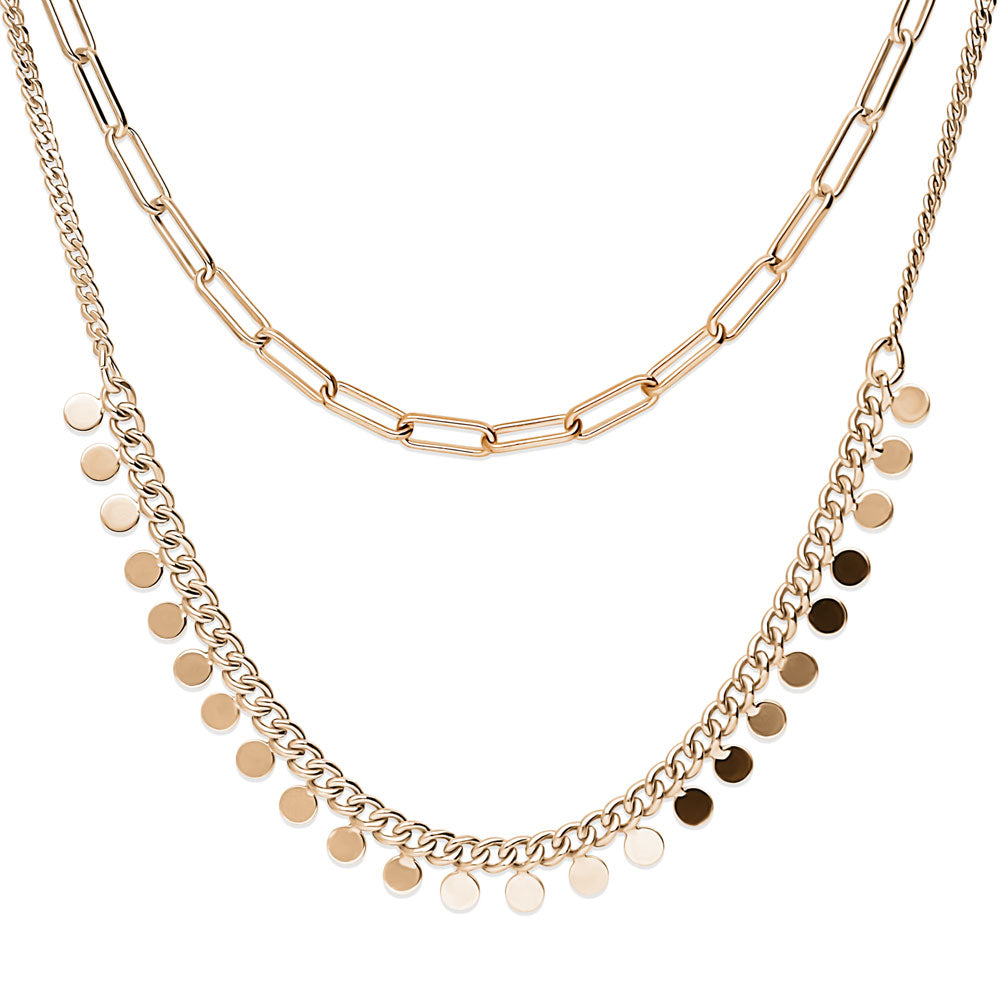 Paperclip Disc Chain Necklace in Rose Gold Flashed Base Metal, 2 Piece