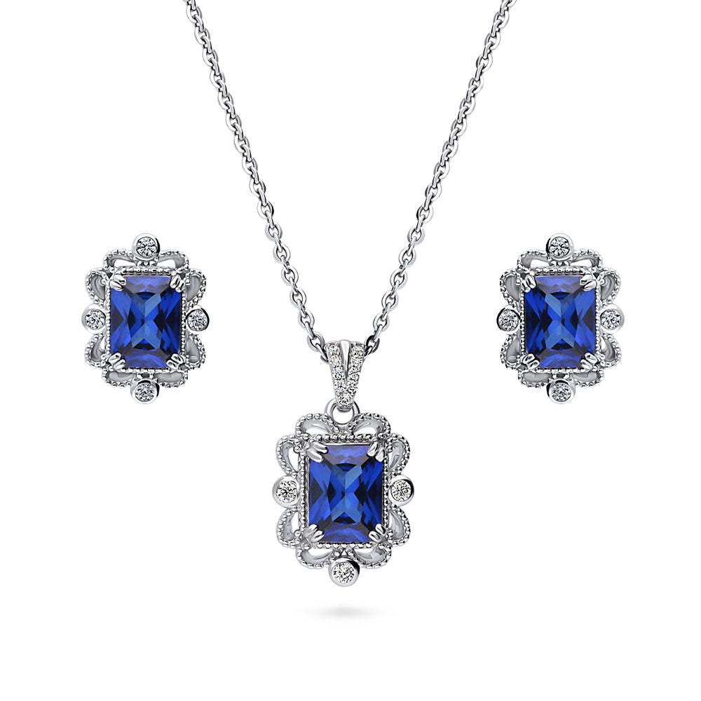 Vintage Style Simulated Blue Sapphire CZ Set in Sterling Silver