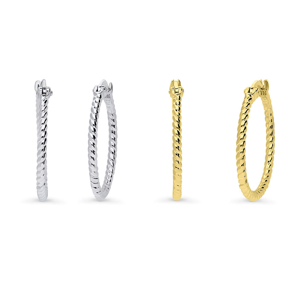 Cable Hoop Earrings in Gold Flashed Sterling Silver 0.9", 2 Pairs
