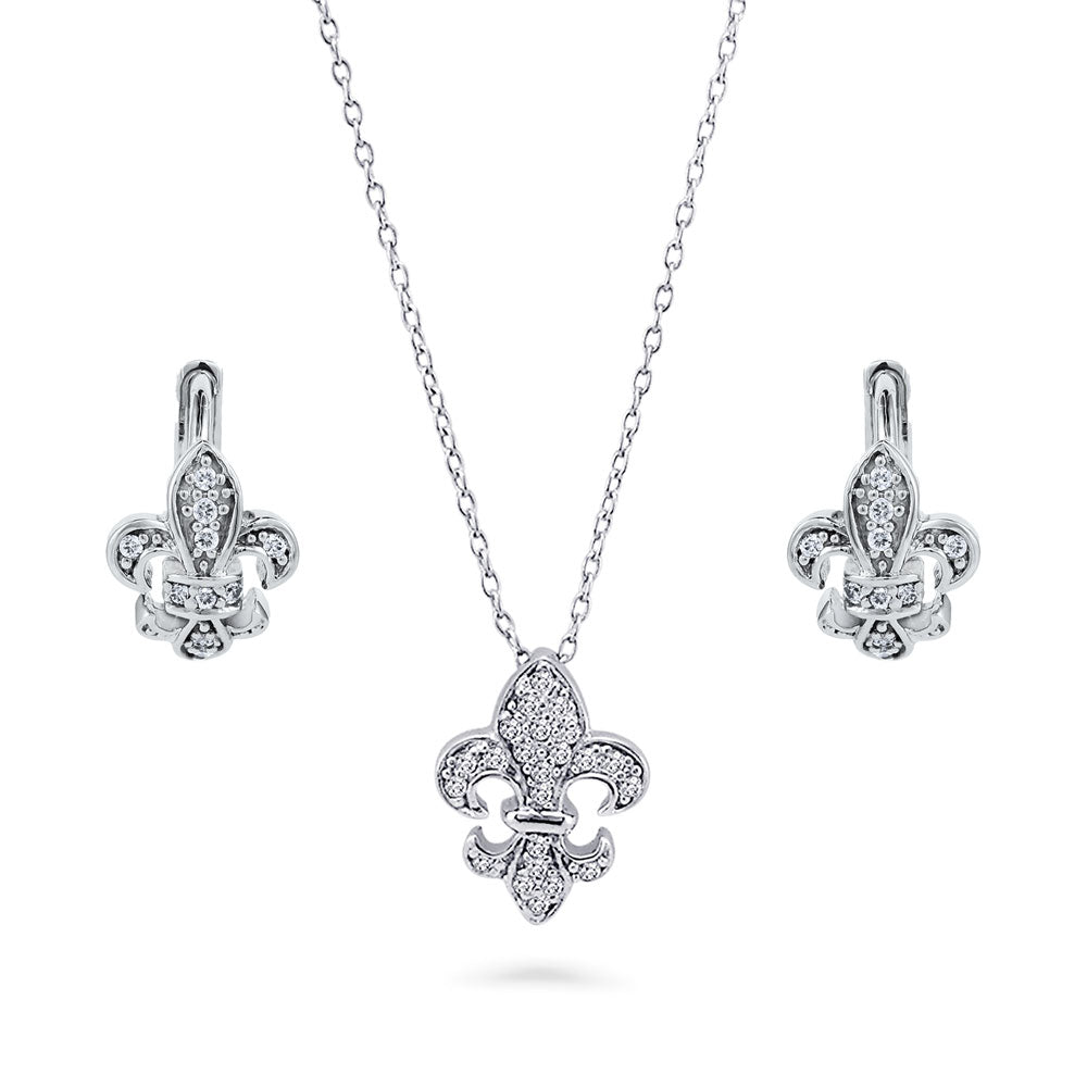Fleur De Lis CZ Necklace and Huggie Earrings Set in Sterling Silver, 1 of 16