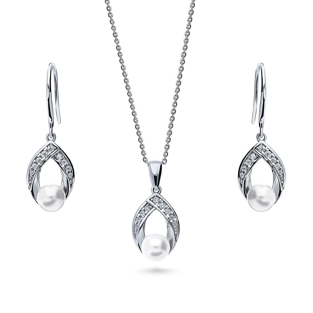 Woven Imitation Pearl Necklace and Earrings Set in Sterling Silver