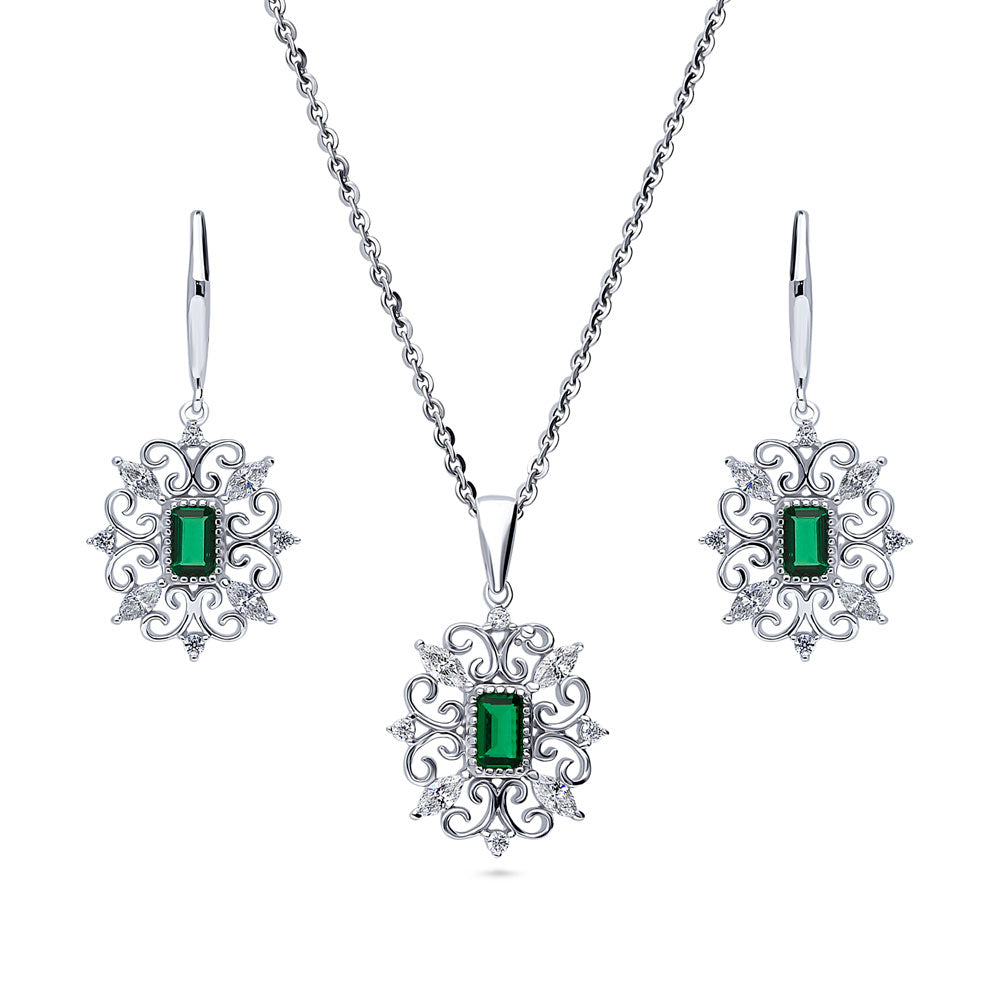 Art Deco Filigree Green CZ Necklace and Earrings Set in Sterling Silver