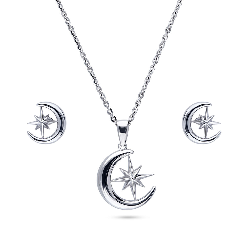 Crescent Moon North Star Necklace and Earrings Set in Sterling Silver