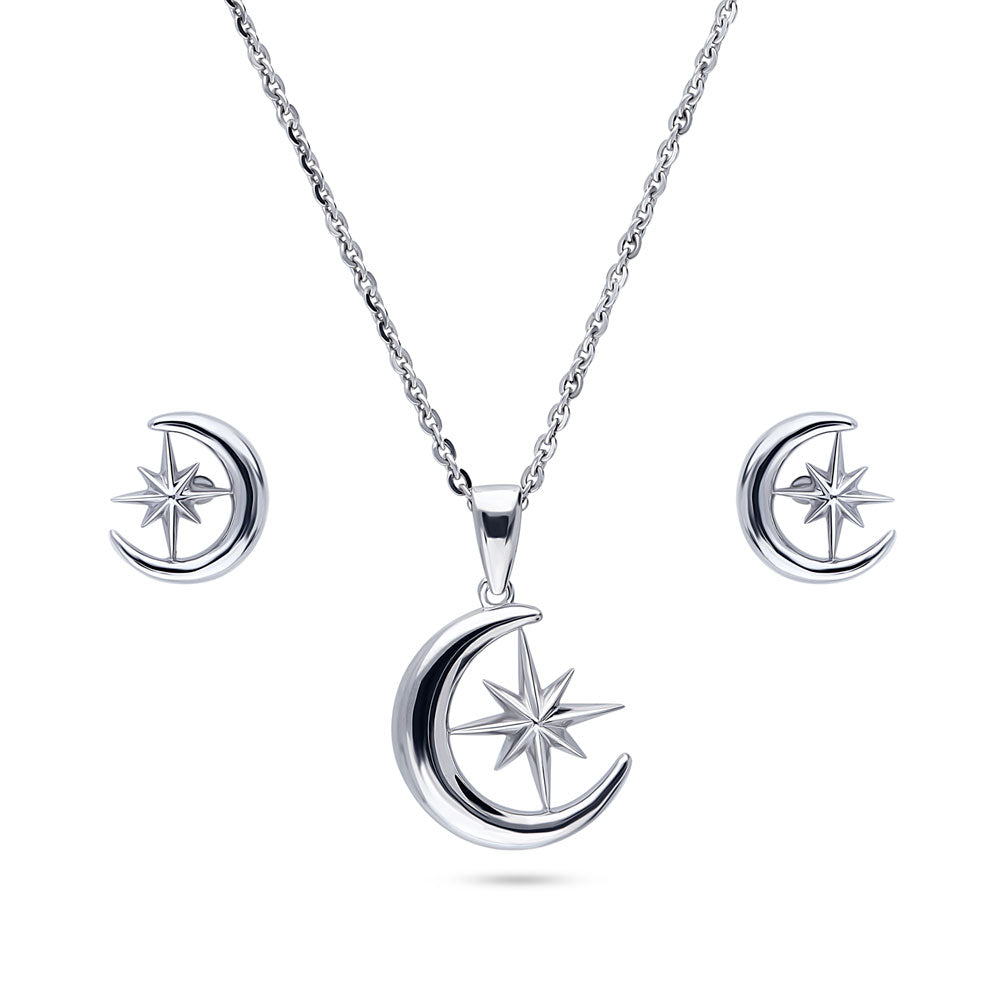 Crescent Moon North Star Necklace and Earrings Set in Sterling Silver, 1 of 13