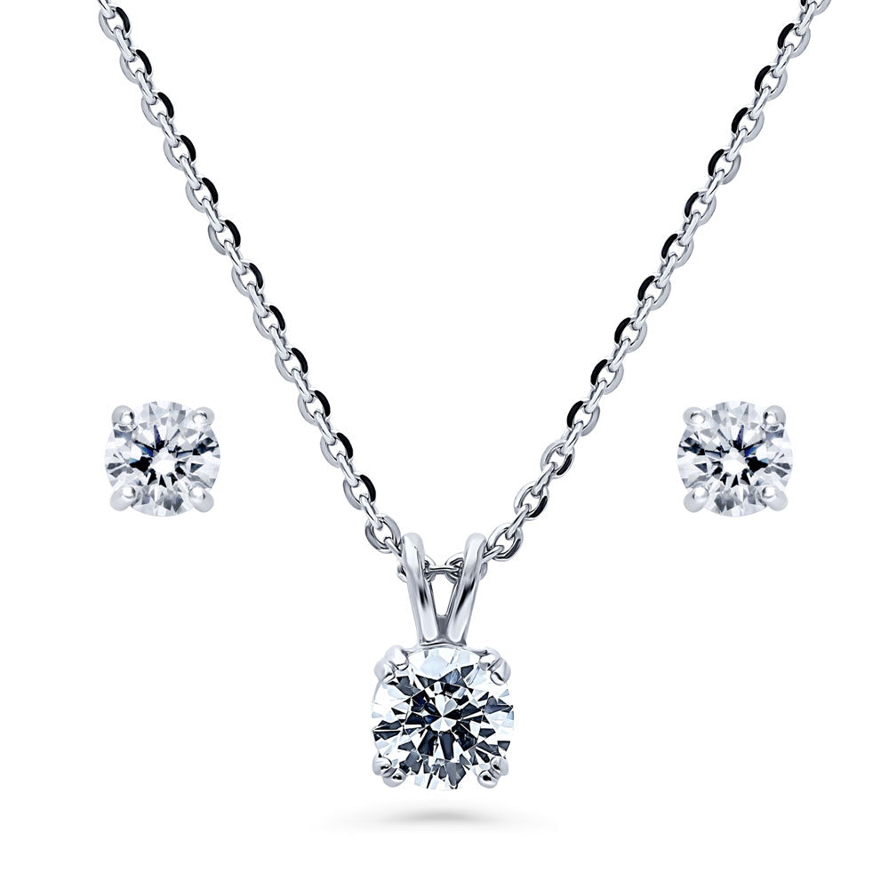 Solitaire Round CZ Necklace and Earrings Set in Sterling Silver