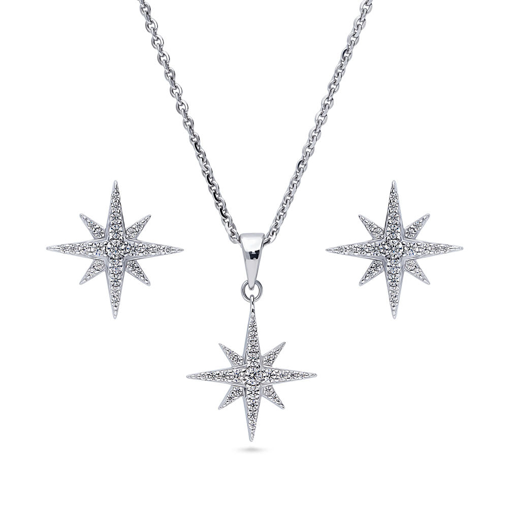 North Star CZ Necklace and Earrings Set in Sterling Silver, 1 of 10