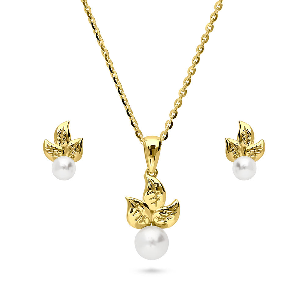Leaf Imitation Pearl Set in Gold Flashed Sterling Silver, 1 of 9
