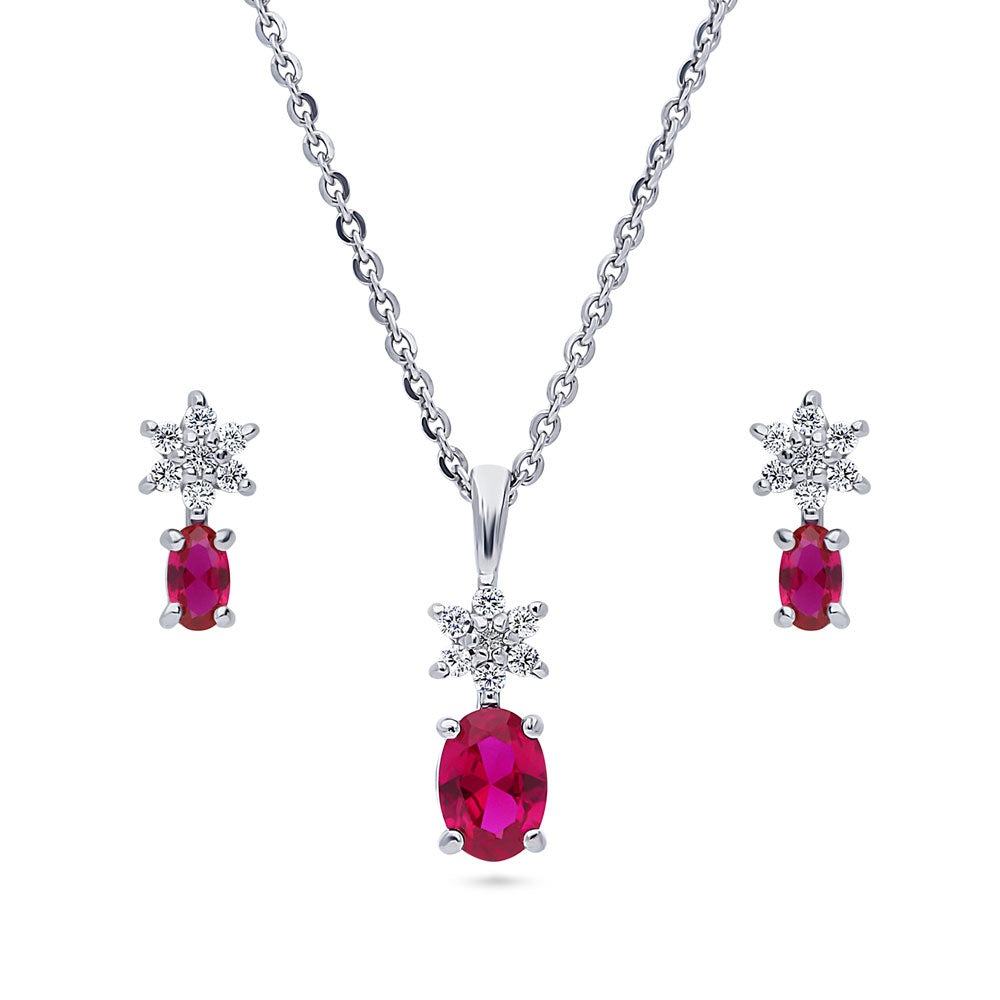 Flower Simulated Ruby CZ Necklace and Earrings Set in Sterling Silver, 1 of 10