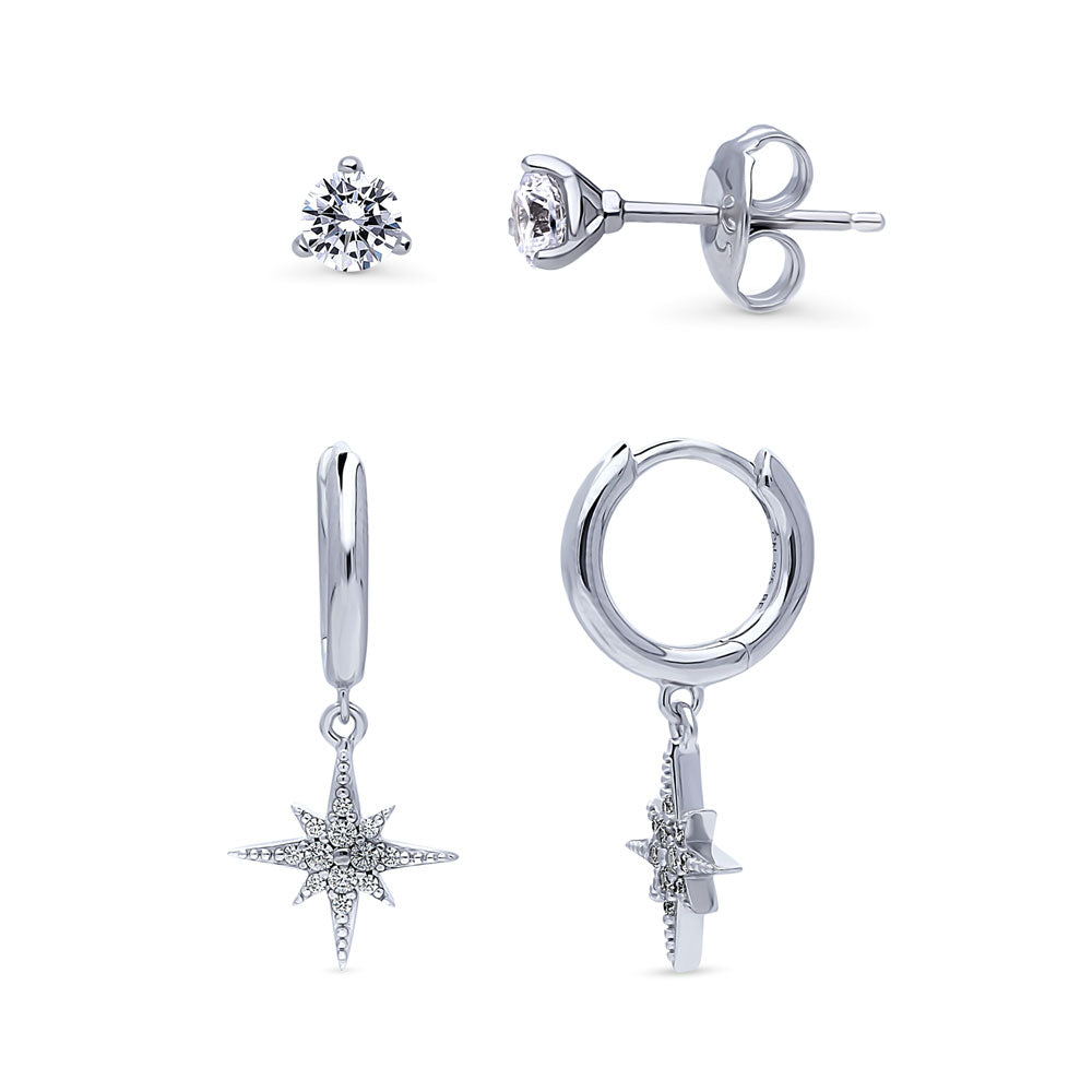 Solitaire Starburst CZ Earrings Set in Sterling Silver, 2 Pairs