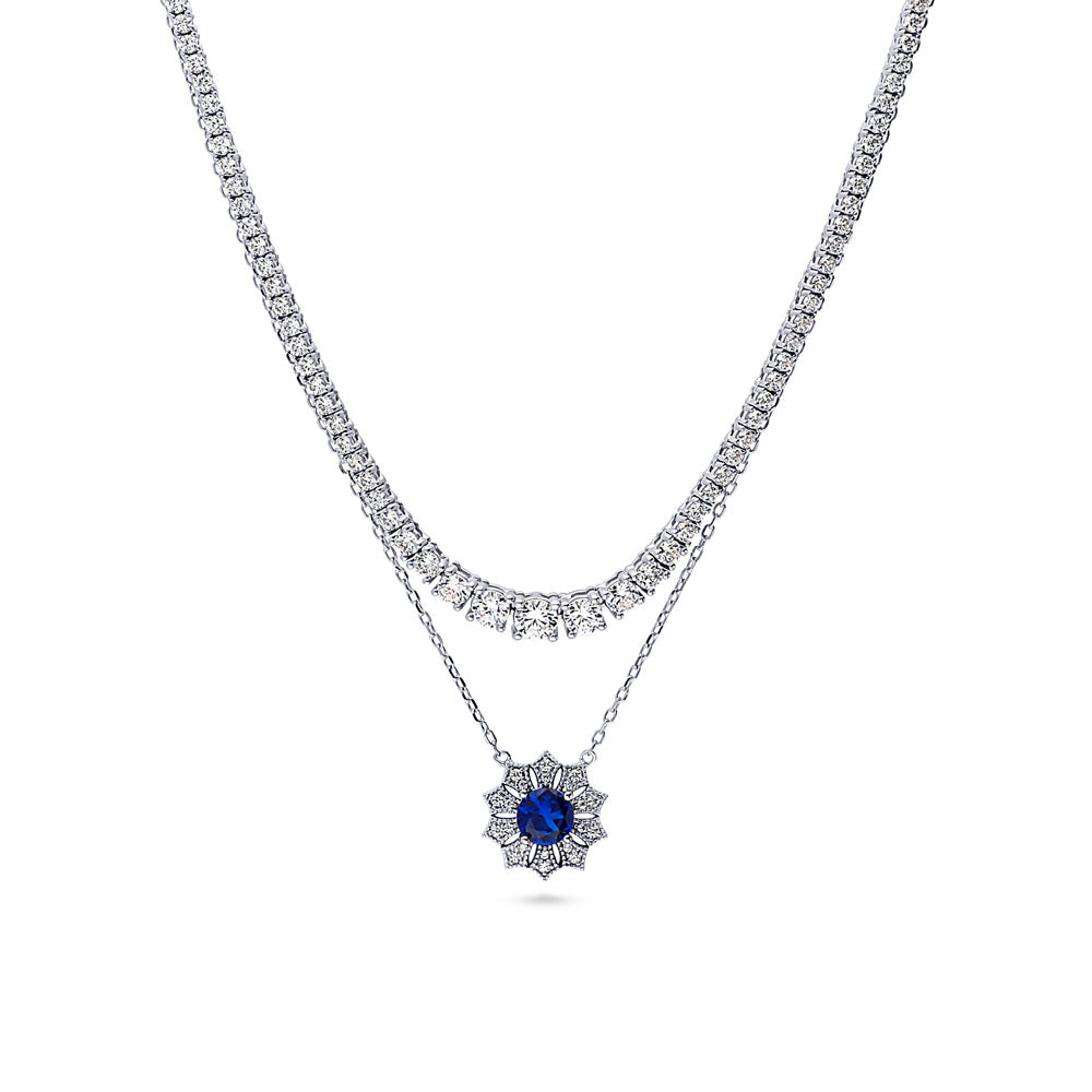 Flower Blue CZ Pendant And Tennis Necklace Set in Sterling Silver