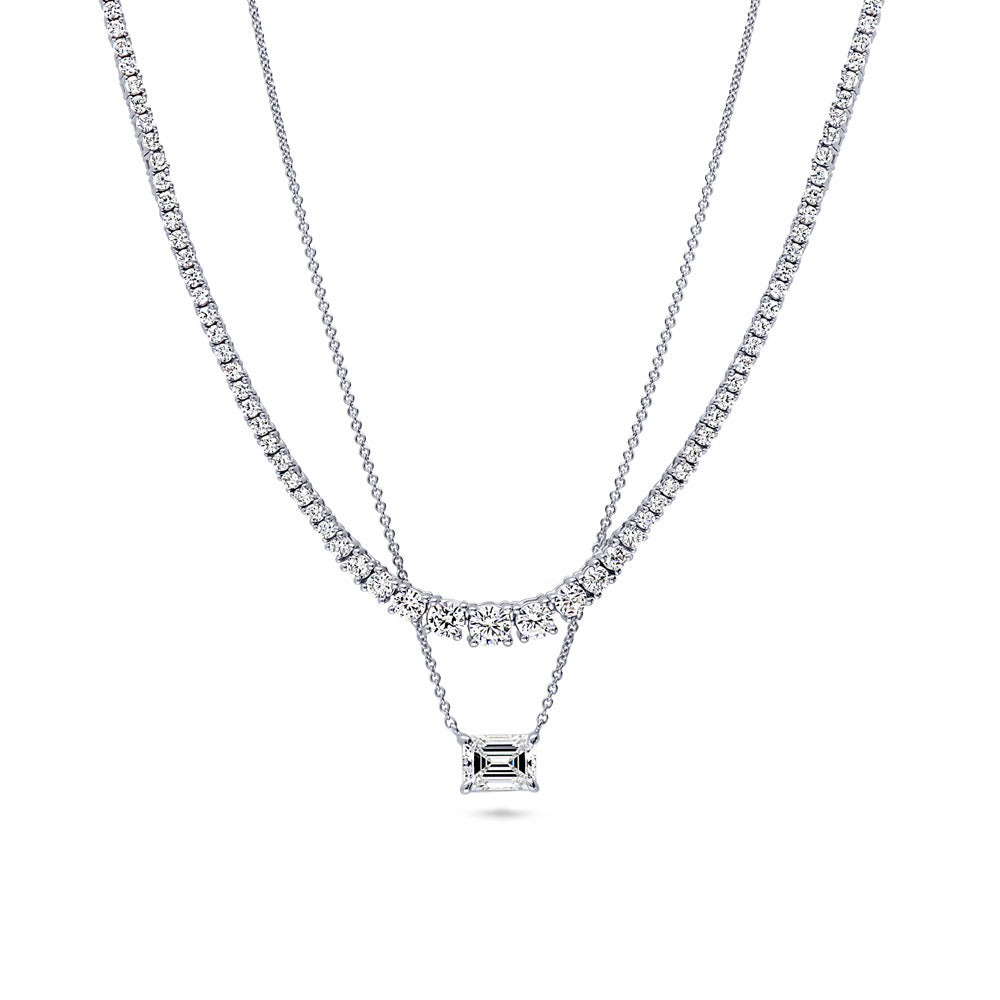 East-West CZ Pendant And Tennis Necklace Set in Sterling Silver