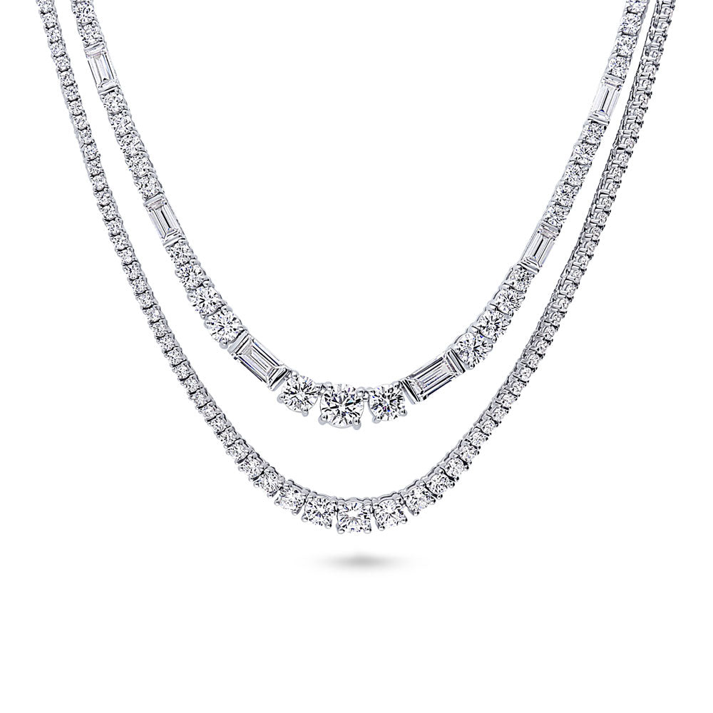 Graduated Baguette CZ Tennis Necklace in Sterling Silver, 2 Piece