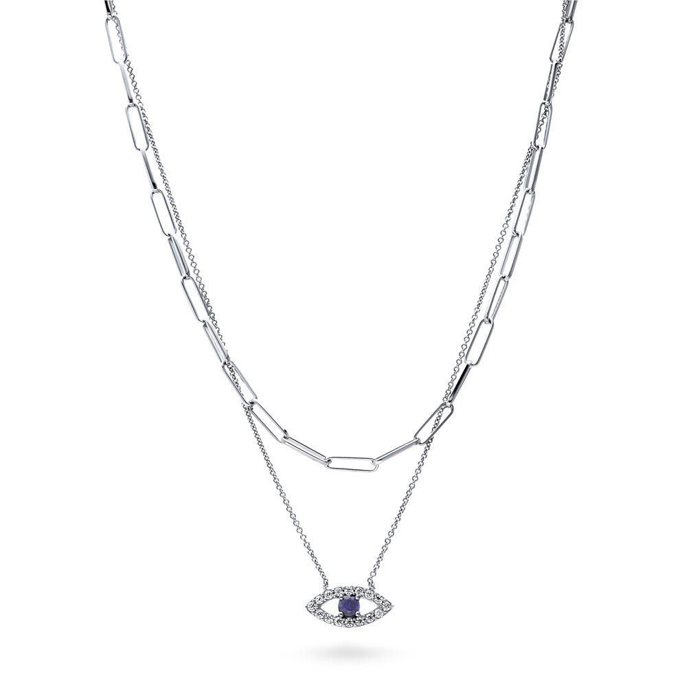 Evil Eye Paperclip CZ Layered Necklace Set in Sterling Silver