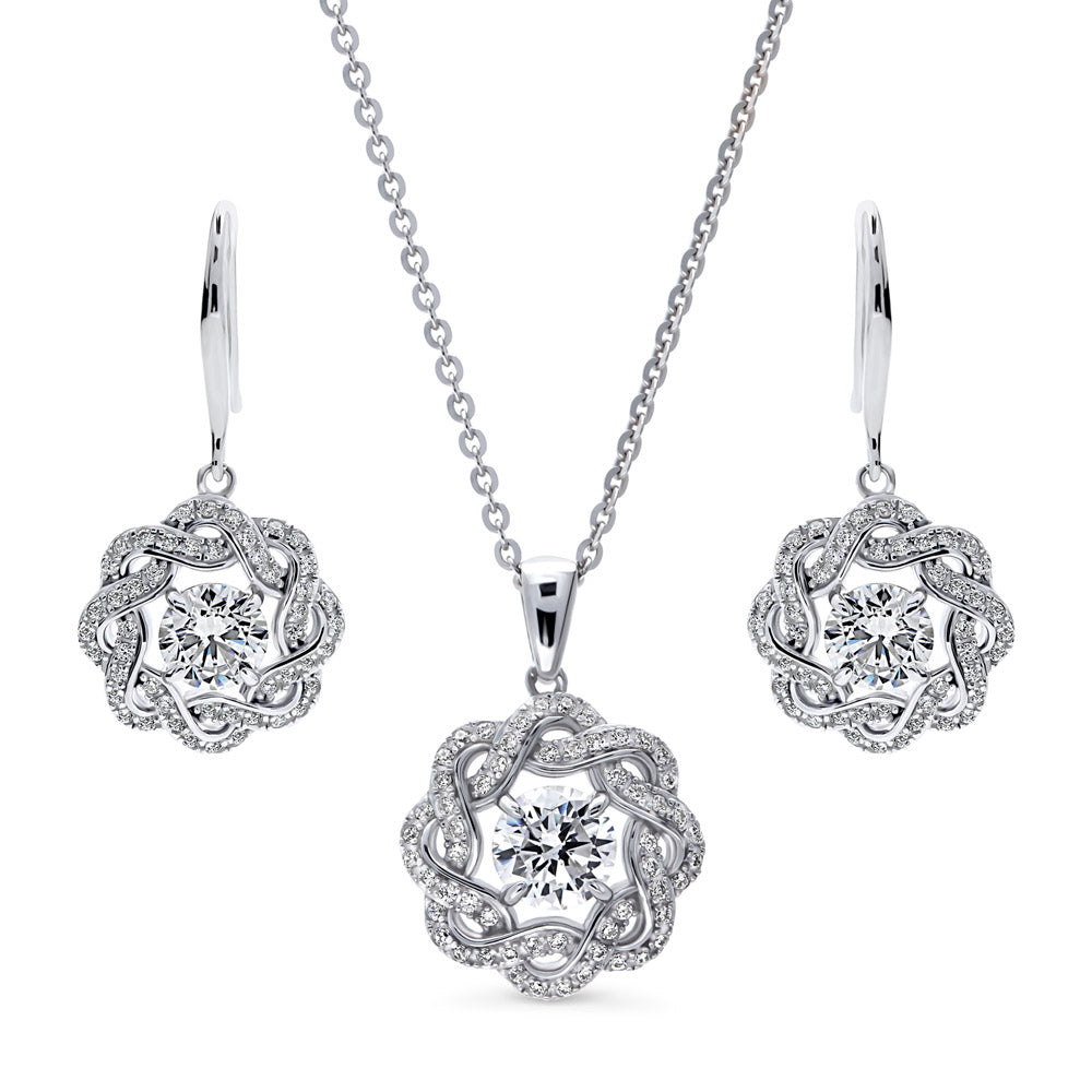 Flower Ribbon CZ Necklace and Earrings Set in Sterling Silver, 1 of 11