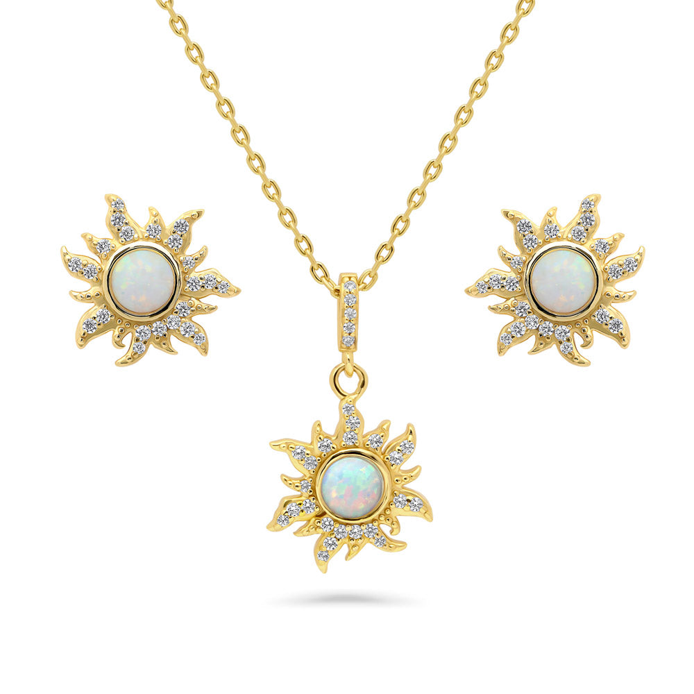 Halo Sun Simulated Opal Round CZ Set in Gold Flashed Sterling Silver, 1 of 11