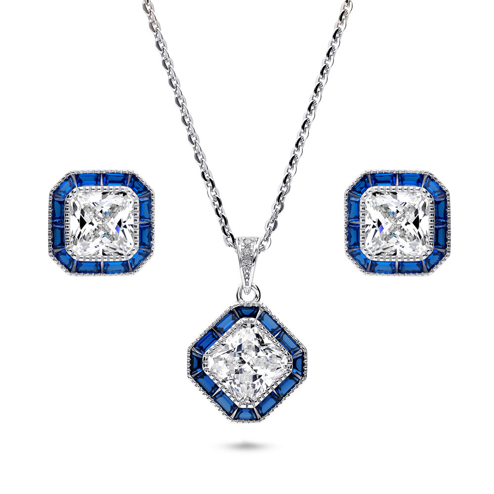 Halo Art Deco Princess CZ Necklace and Earrings Set in Sterling Silver, 1 of 12