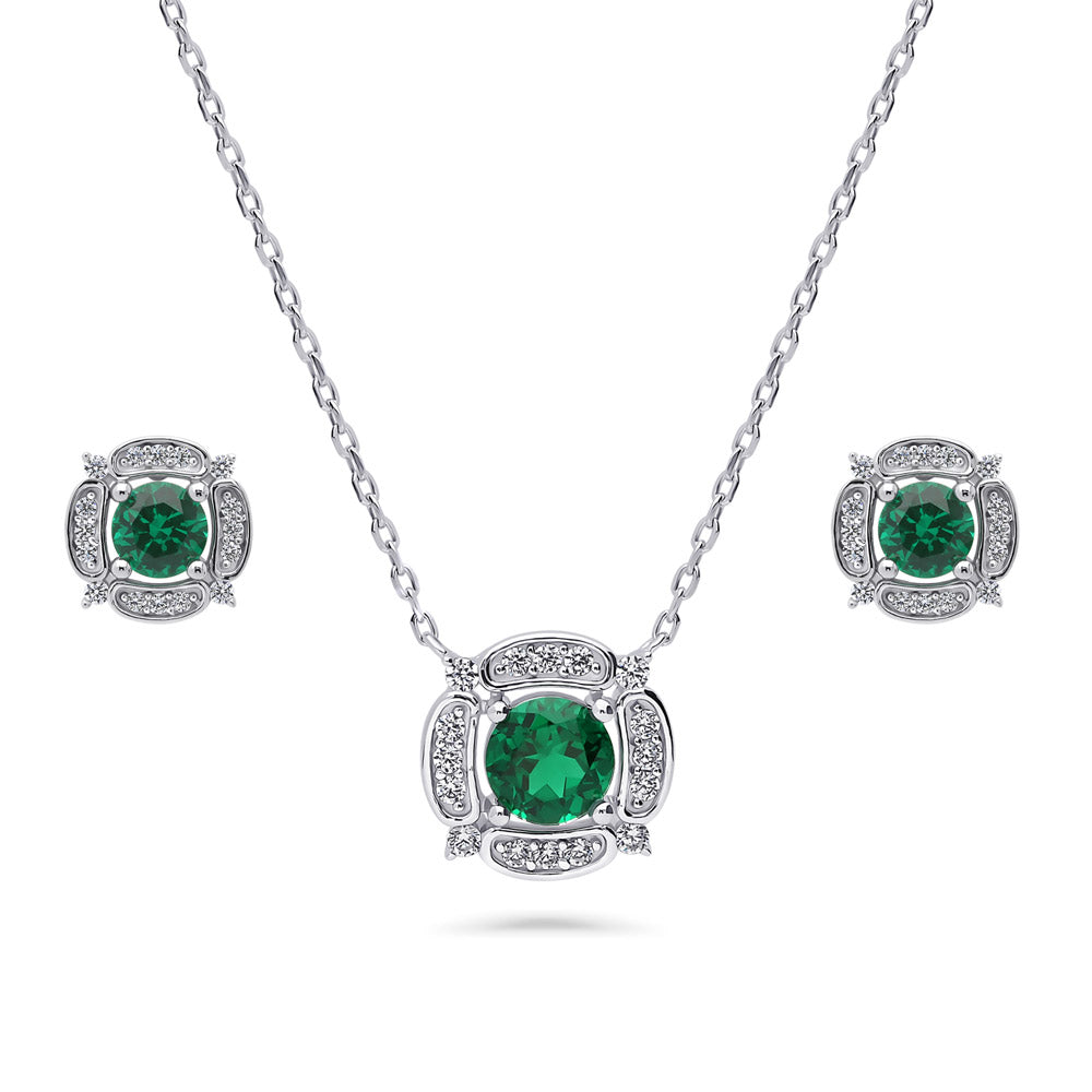 Halo Flower Simulated Emerald Round CZ Set in Sterling Silver, 1 of 6