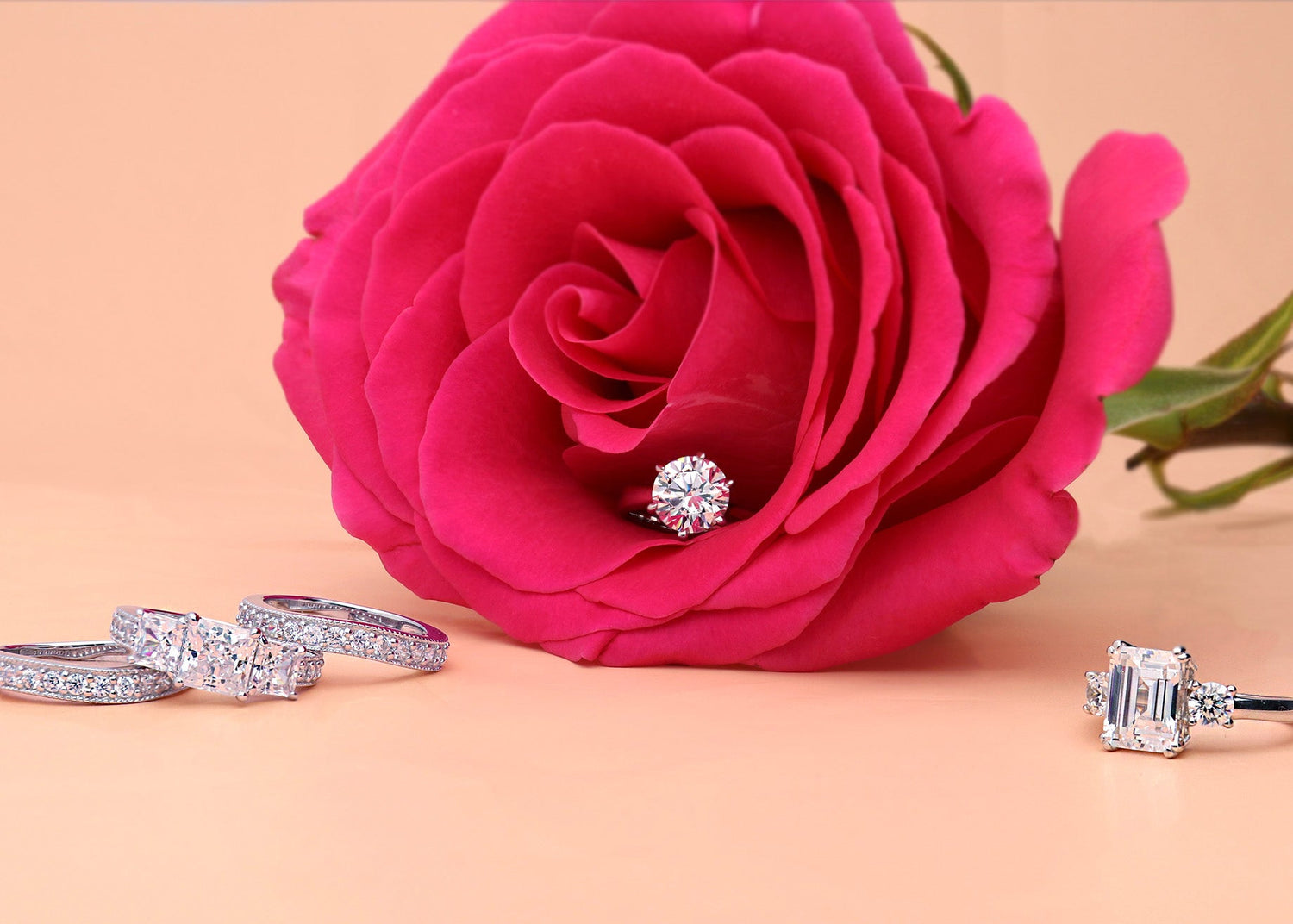 Flatlay view of assorted wedding and engagement rings