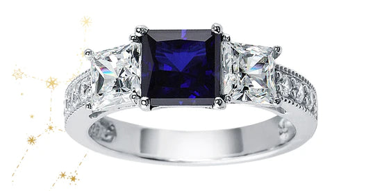 Sterling Silver Simulated Blue Sapphire Princess CZ 3-Stone Ring