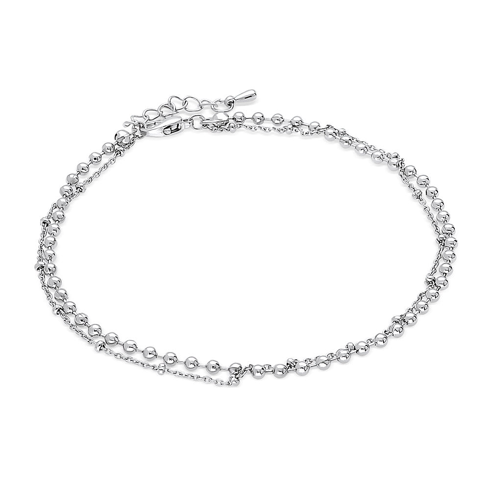 Front view of Double Strand Bead Chain Anklet Ankle Bracelet in Base Metal, Silver-Tone