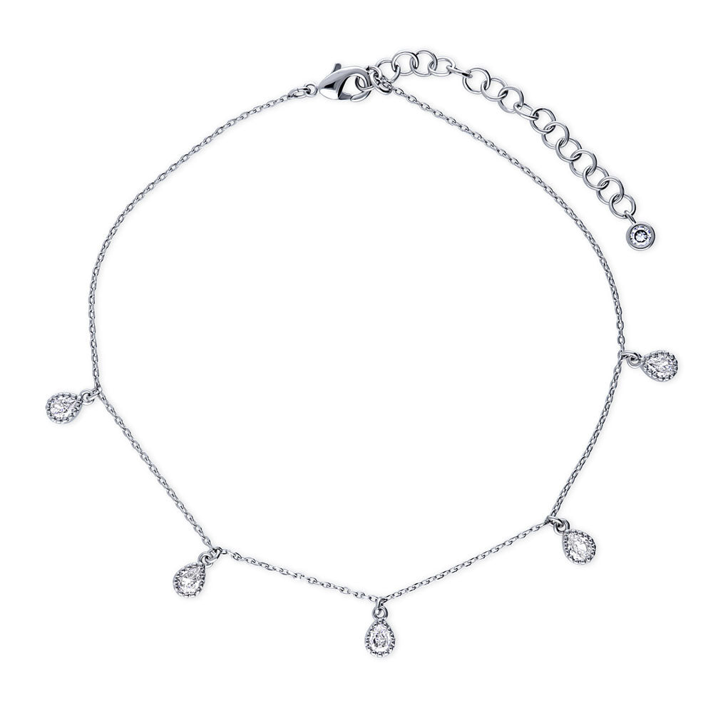 CZ Rolo Chain Charm Anklet, Silver-Tone