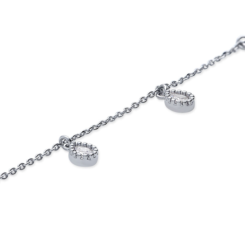 Front view of CZ Rolo Chain Charm Anklet, Silver-Tone