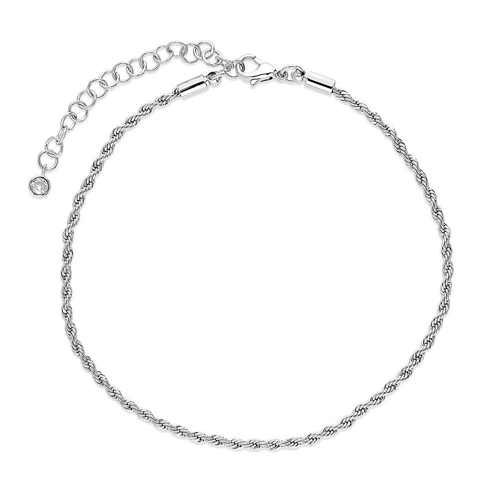 Woven CZ Rope Chain Anklet, Silver-Tone