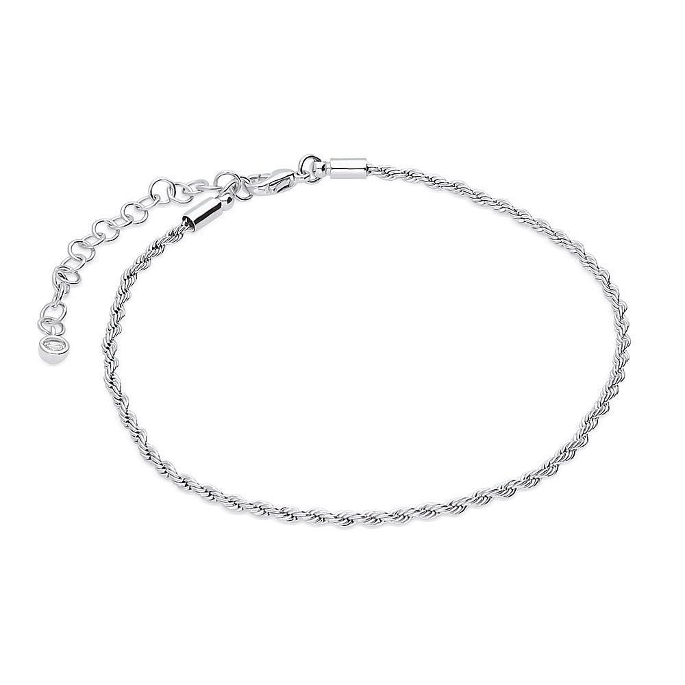 Front view of Woven CZ Rope Chain Anklet, Silver-Tone