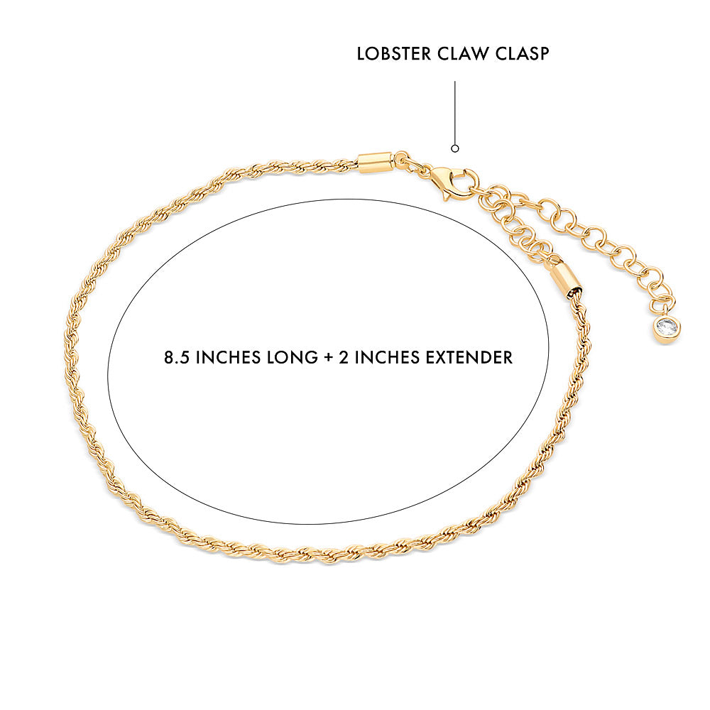 Angle view of Woven CZ Rope Chain Anklet, Gold-Tone