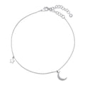 Crescent Moon Star CZ Rolo Chain Charm Anklet, Silver-tone