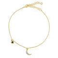 Crescent Moon Star CZ Rolo Chain Charm Anklet, Gold-tone