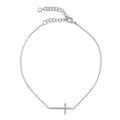 Sideways Cross CZ Rolo Chain Charm Anklet, Silver-tone
