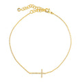 Sideways Cross CZ Rolo Chain Charm Anklet, Gold-tone