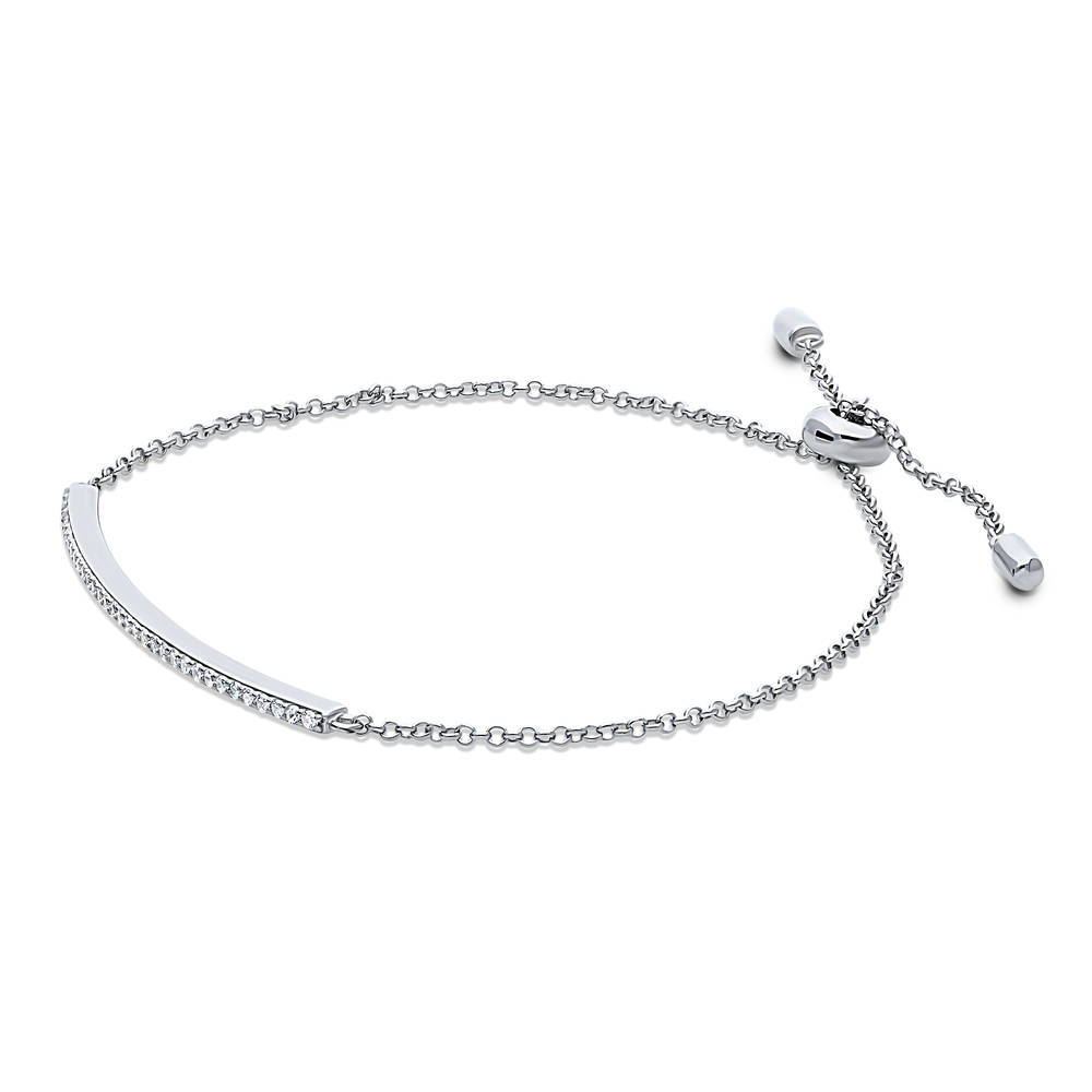 Front view of Bar CZ Rolo Chain Bracelet in Sterling Silver, Rhodium Plated