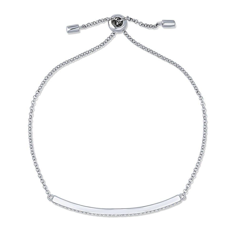 Angle view of Bar CZ Rolo Chain Bracelet in Sterling Silver, Rhodium Plated