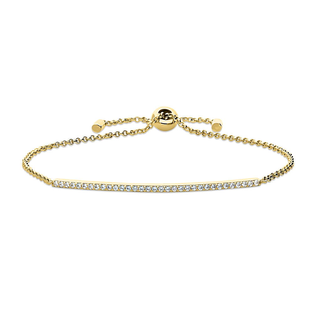 Bar CZ Rolo Chain Bracelet in Sterling Silver, Yellow Gold Flashed