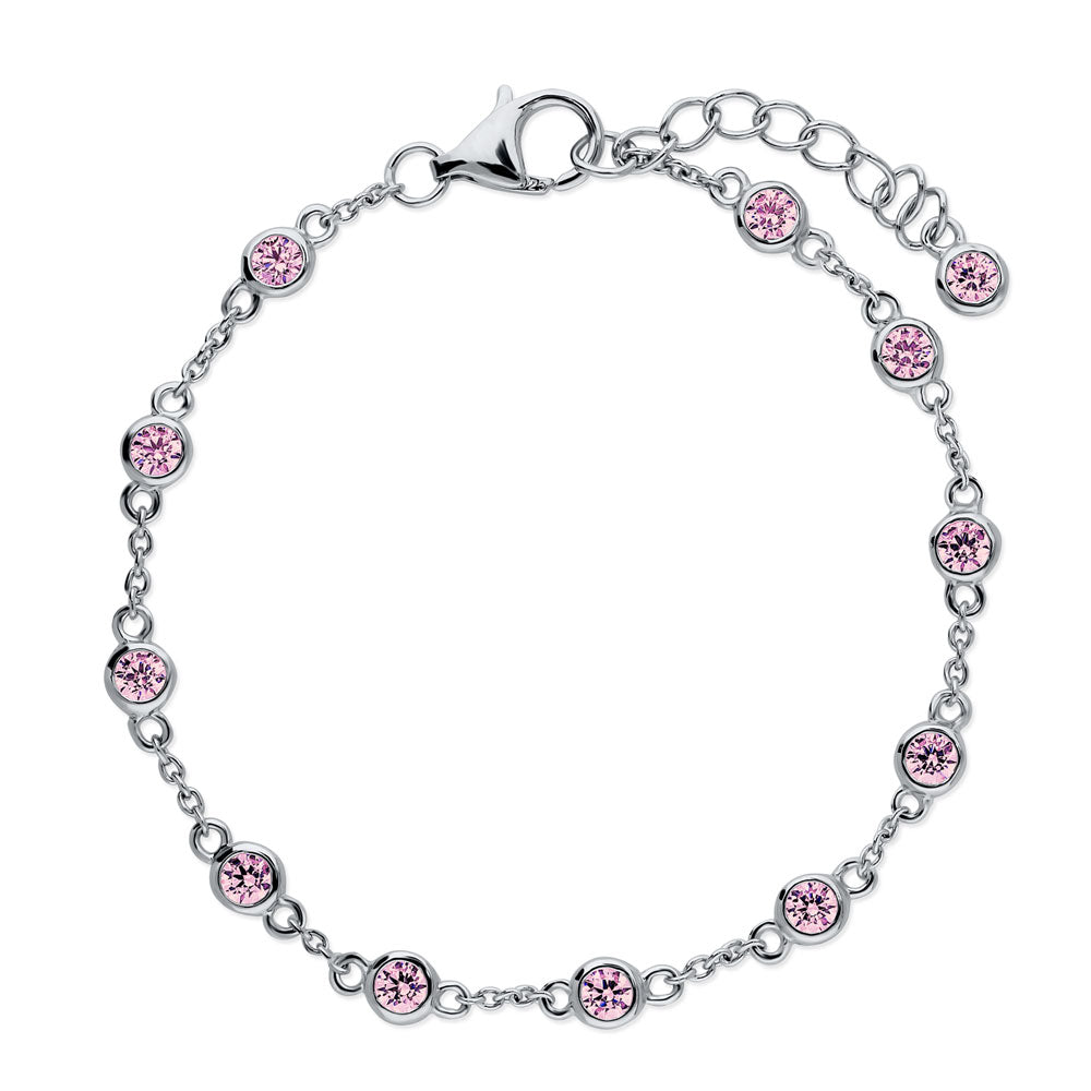 Station CZ Station Bracelet in Sterling Silver, Rhodium Plated, Pink