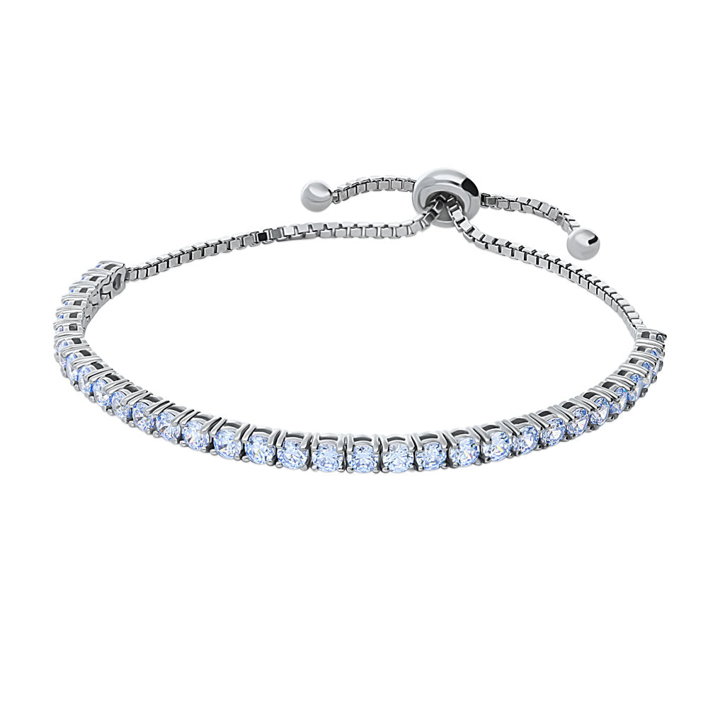 Front view of CZ Tennis Bracelet in Sterling Silver 4-9 inch, Greyish Blue Color