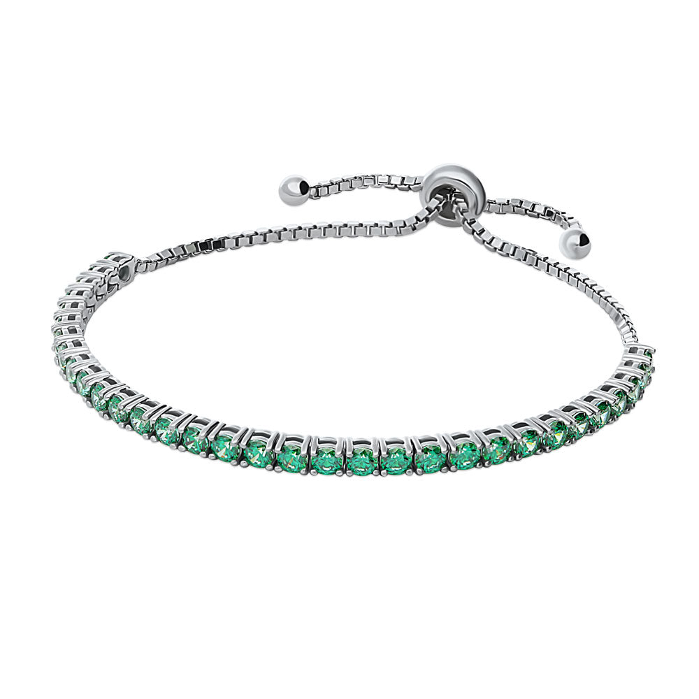 Front view of CZ Tennis Bracelet in Sterling Silver 4-9 inch, Green Color