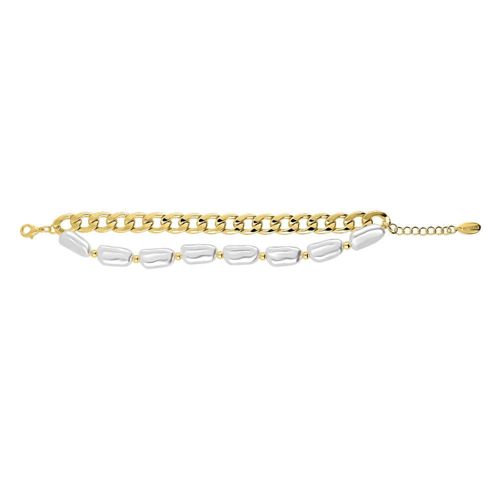 Front view of Imitation Pearl Curb Chain Bracelet and Necklace, 2 Piece, Yellow Gold Flashed