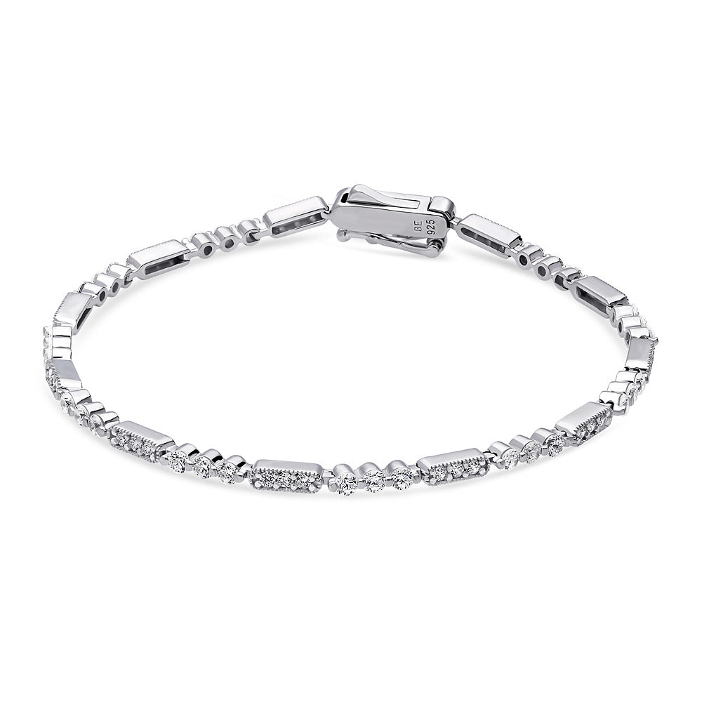 Front view of Art Deco Milgrain CZ Chain Bracelet in Sterling Silver, 3 of 9