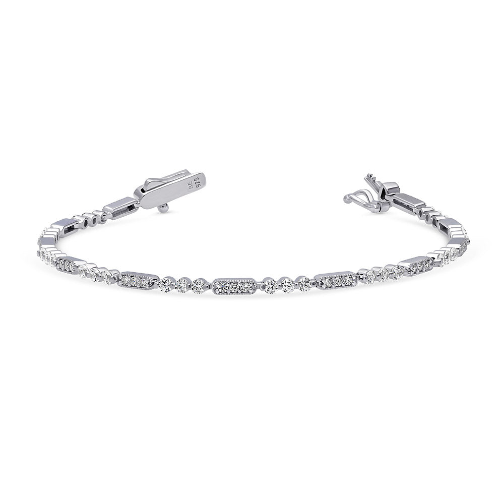 Angle view of Art Deco Milgrain CZ Chain Bracelet in Sterling Silver, 4 of 9