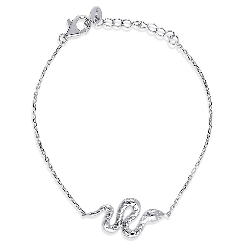 Snake CZ Rolo Chain Bracelet in Sterling Silver, Rhodium Plated