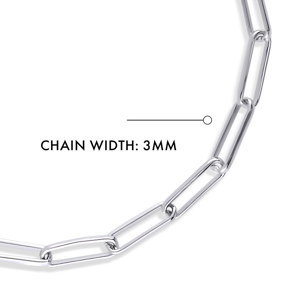 Front view of Paperclip Link Chain Bracelet in Sterling Silver 3mm, Rhodium Plated