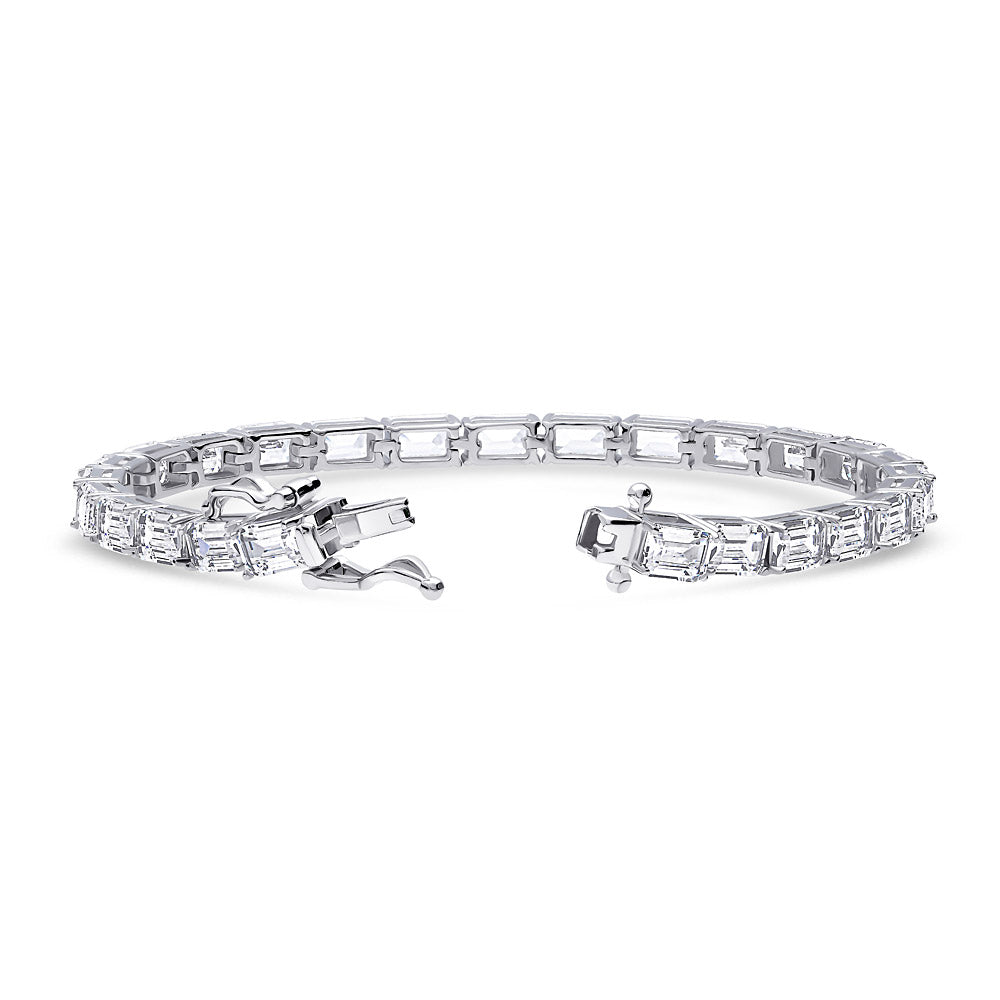 Front view of Emerald Cut CZ Tennis Bracelet in Sterling Silver, 3 of 7